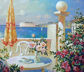 coffee with a veiw, sea, chair, umbrella, table, roses, vase, bush HD wallpaper
