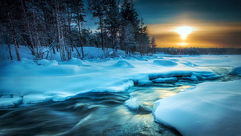 Winter Sunset, river, snow, clouds, trees, sky, sun, forest, ice HD wallpaper