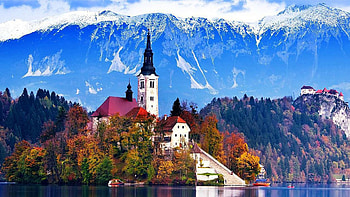 Lakeside Castle, fall, trees, autumn, nature, castle, mountains, lake HD wallpaper