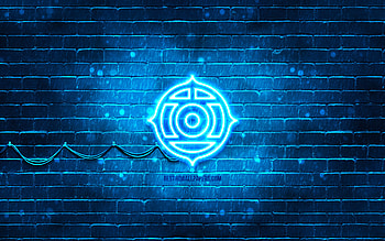 Hitachi blue logo, , blue brickwall, Hitachi logo, brands, Hitachi neon logo, Hitachi HD wallpaper