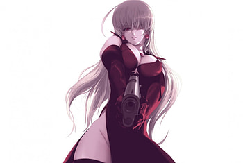 Stardust, white background, red eyes, long hair, anime girl, lone, anime, weapon, gun, female HD wallpaper