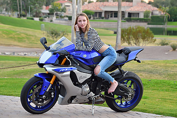 Macy Meadows on her Yamaha, motorcycle, model, blonde, jeans HD wallpaper