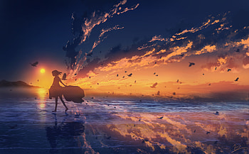 Girl At Horizon While Sunset, artist, artwork, digital-art, pixiv HD wallpaper