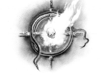 Vapors of Forgetfullness, snake, sketch, flames, skull, serpent, daggers, fire HD wallpaper