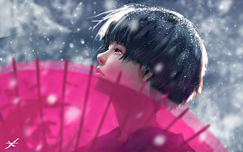 Watcher, winter, umbrella, art, girl, pink, fantasy, wlop, snow, luminos HD wallpaper