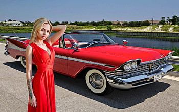 Model Posing with a 1959 Plymouth Fury, 1959, plymouth, car, model, blonde, dress HD wallpaper