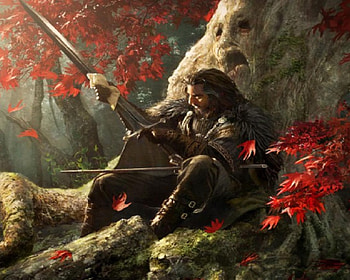 Rest In The Old Forest, swords, man, face, autumn, ent HD wallpaper