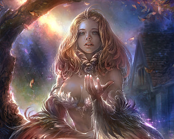Harpy, blue, art, girl, orange, hand, hoyhoykung, fantasy, luminos, creature HD wallpaper
