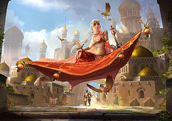 The flying carpet, flying carpet, frumusete, art, bird, girl, odalisque, orange, fantasy, luminos, castle, chen xiang HD wallpaper