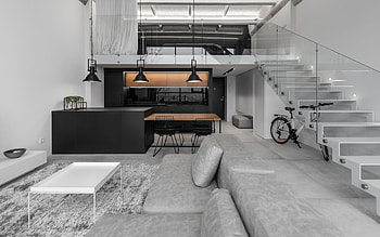 two-story apartment, modern interior design, gray sofa, stylish interior design, black furniture in kitchen HD wallpaper