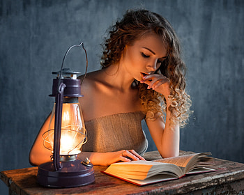 Reading, lantern, lady, pretty HD wallpaper