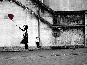 There is always Hope, graffiti, blansky, wall, girl, balloon, heart HD wallpaper