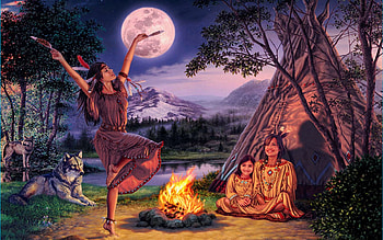 Storytelling, natives, girl, moonart, american, digital, dancing, moon, tent, campfire HD wallpaper