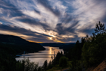 Nature, Rivers, Trees, Sunset, Sky, Clouds, Bridge HD wallpaper