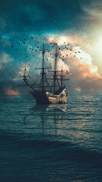Birds, Sea, Twilight, Waves, Miscellanea, Miscellaneous, Dusk, Ship HD phone wallpaper