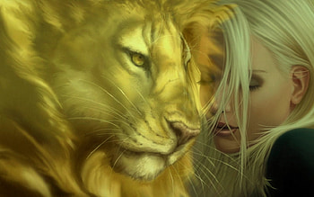My love, lyon, cat, fantasy, woman HD wallpaper