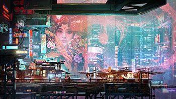 Aqua blue, blue, pink, fantasy, asian, city, face, building, donglu yu, luminos HD wallpaper