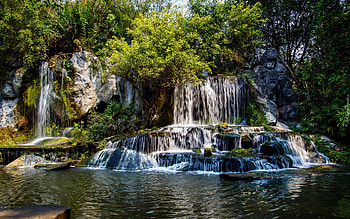 Waterfall, trees, bushes, nature, rocks HD wallpaper