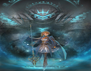 Pixiv Fantasia, boob, underboob, tattoo, long hair, dress, cape, blonde hair, magic circle, female, breasts, magic, blue eyes, girl, armor, anime girl, weapon, spear HD wallpaper