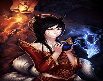 Ahri, sexy, tails, lamp, hot, black hair, fox, anime girl, ghost, cool, league of legends, lantern, teapot, fox girl, female HD wallpaper