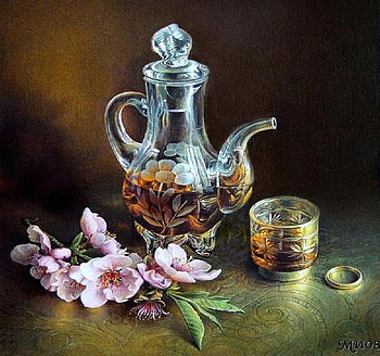 Taste of Brandy, table, decanter, ring, brandy, glass, flowers HD wallpaper