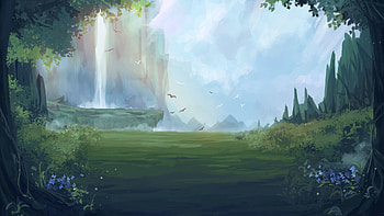 Fantasy, Art, Birds, Waterfall, Forest HD wallpaper