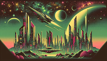 Retro-Futuristic Cityscape, Sci Fi, spaceship, futuristic city, alien, space HD wallpaper