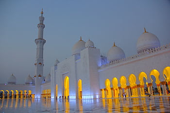 Sheikh Zayed Grand Mosque illuminated at twilight, showcasing stunning architecture in Abu Dhabi. HD wallpaper