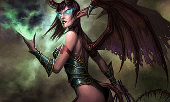 Fantastic creature, blue, bat, game, wings, magic, horns, eyes, girl, elf, woman, purple, pink, fantasy, green, red, ears, creature HD wallpaper