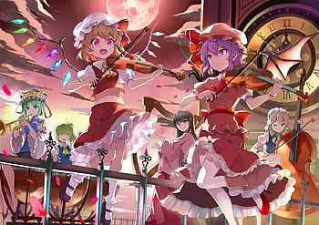 Touhou Orchestra, Scarlet, Violin, Sakuya, Anime Friends, Moon, Green Hair, Green Eyes, Drums, Big Eyes, Red Eyes, Clock, Friends, Anime, Flandre Scarlet, Yamaxanadu, Instrument, Brunette, Laughing, Kaguya, Izayoi Sakuya, Shekieiki, Jewels, Harp, Black Hair, Shekieiki Yamaxanadu, Family, Smile, Remilia, Wink, Houraisan Kaguya, Blue Eyes, Horn, Clouds, Sky, Flandre, Anime Girl, Izayoi, Purple Hair, Touhou, Cello, Houraisan, Purple Eyes, Daiyousei, Wings, Remilia Scarlet HD wallpaper
