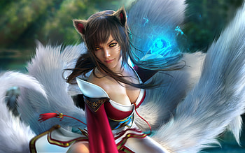 Ahri, model, white, fantasy, red, cosplay, girl, blue, woman, lol HD wallpaper