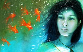 Aquarium, blue, fantasy, girls, fish, brunettes, bubbles HD wallpaper