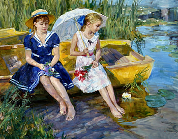 Water Lily FC, little girl, boat, art, beautiful, illustration, artwork, lady, wide screen, painting, portrait HD wallpaper