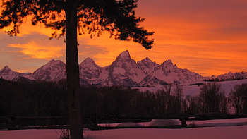 Teton Range, Wyoming, clouds, colors, sky, mountains, usa, tree HD wallpaper