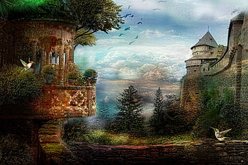 ...Amazing Castle..., birds, beautiful, premade BG, creative pre-made, love four seasons, scenery, clouds, trees, flying birds, nature, sky, castle HD wallpaper