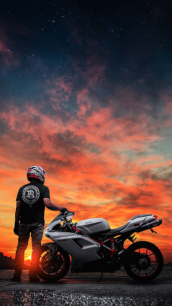 The biker, cloud, motorcycle, orange, sky, cloudy, driver HD phone wallpaper