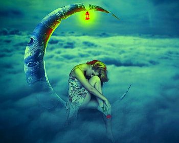 Sadness, clouds, fantasy, woman, crescent HD wallpaper