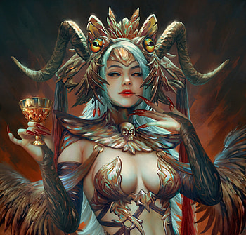 Baal, art, horns, fantasy, luminos, mario wibisono, girl, demon HD wallpaper