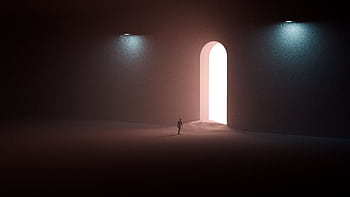 A surreal scene with a silhouetted man approaching a bright arched doorway in a dark room. HD wallpaper