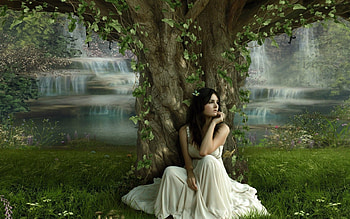a nice day out, river, waterfalls, girl, woman, tree HD wallpaper
