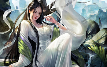Oriental princess, blue, white, asian, art, girl, beauty, woman, fantasy, green, princess HD wallpaper