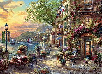 French Riviera Cafe, painting, art, thomas kinkade, pictura, french riviera HD wallpaper