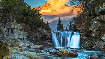 Waterfall in Tennessee, colors, clouds, trees, sky, rocks, usa, stones, sunset HD wallpaper