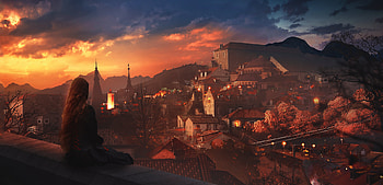 Alone Girl Sitting On Roof Watching Town, alone, artist, artwork, digital-art, deviantart HD wallpaper