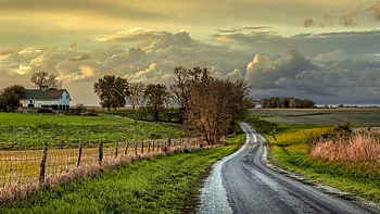 Country road, Farms HD wallpaper