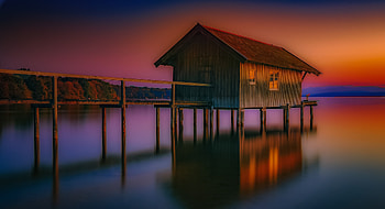 Long house, house, beautiful, water, sunset, blue, graphy, brown, rural, pretty HD wallpaper
