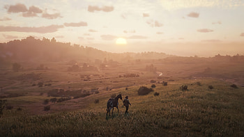Red Dead Redemption 2 - Open country, sun, Arthur Morgan, cowboy, sunset, video game, Red Dead Redemption 2 HD wallpaper