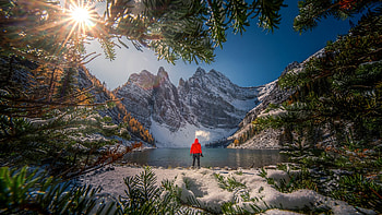 Lake Agnes, Banff NP, Alberta, landscape, trees, sky, canada, mountains, sun, sunrise, winter, morning, snow HD wallpaper