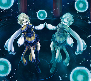Mizuhashi Parsee, blond hair, double, blonde, cute, reflection, petals, short hair, , blonde hair, water, female, sexy, magic, blond, twins, hot, girl, anime girl, anime, fantasy, touhou, bubbles HD wallpaper