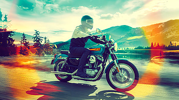 Dynamic Double Exposure: Motorcycle Adventure, double exposure, motorcycle, rider, mountain, landscape HD wallpaper